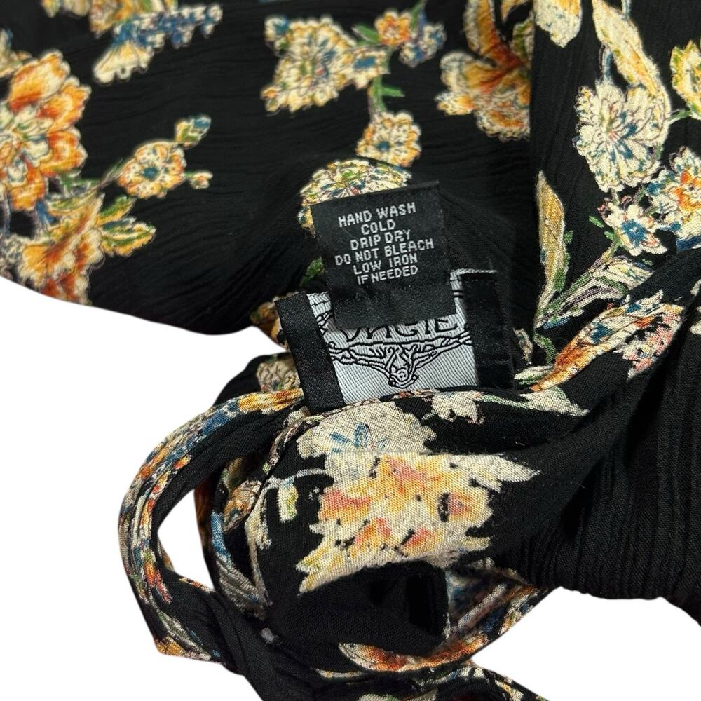 ANGIE Women’s Black Midi Dress Sz L Flowy Boho Floral High Low Smocked Slit - Picture 16 of 16